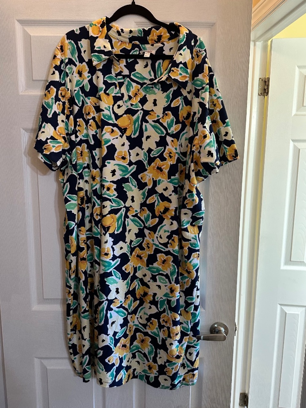 D&Co Denim & Company Floral Polo Dress Tunic 5X Navy Yellow White Cotton Blend